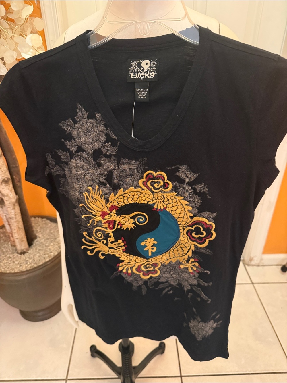 Lucky Brand Black Short Sleeve Tee with Gold and Blue Dragon Motif